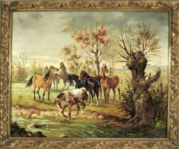 Eine aufgebrachte Herde Pferde am Ufer eines kleinen Flusses by 
																	Otto Progel