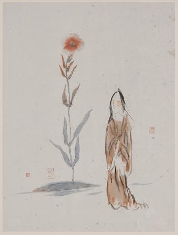 Woman with flowering plant by 
																			 Li Zhang