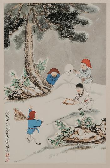 Boys building a snowman by 
																			 Yan Ziying