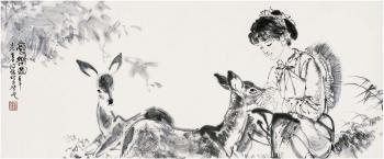 Girl feeding deers by 
																	 Lai Wenyang