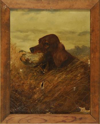 Irish setter with a quail by 
																			Louis Contoit