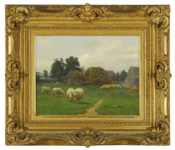 Farmyard scene with grazing sheep by 
																			Silas S Dustin
