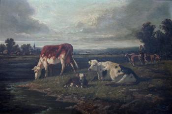 Cattle in a field. A shepherdess with cattle and sheep by 
																	A Quinton