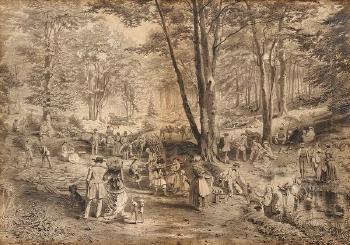 Forêt de Fontainebleau, un déjeuner d'artistes dans les fosses rouges by 
																	Alphonse Gabriel Vallot