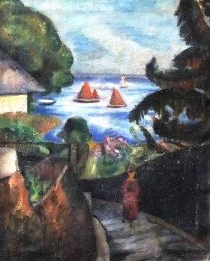 Steps to boats in bay. Girl by farm buildings by 
																	Alexandra Povorina-Ahlers-Hestermann