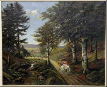 Carriage along a wooded path by 
																	Carl Walther