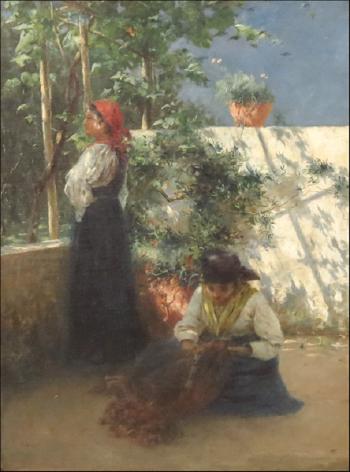 Two women in a courtyard by 
																			Richard Lipps