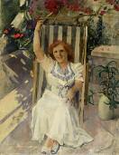 Figura di donna in giardino su sedia a sdraio by 
																	Beryl Hight Tumiati