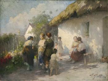People gathered outside a thatched cottage by 
																			Agostos Acs