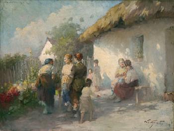 People gathered outside a thatched cottage by 
																			Agostos Acs