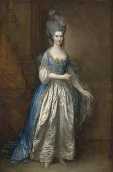 Portrait of Mrs William Villebois, full-length, in masquerade dress, with a blue gown and a lace-edged satin skirt, holding a diaphanous wrap, beside a pilaster by 
																	Thomas Gainsborough