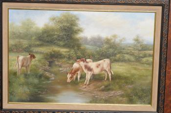 Calves beside a stream by 
																			Carl A Whitfield