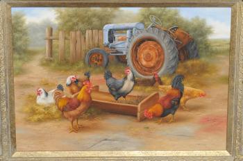 Farmyard scene with chickens by 
																			Carl A Whitfield