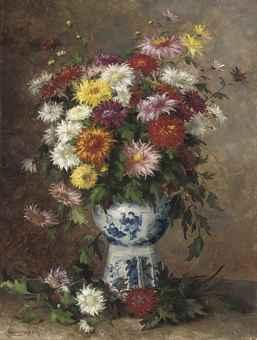 Chrysanthemums in a blue and white vase by 
																	A Cuseneers