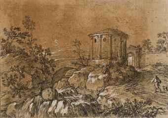 Temple de Vesta à Tivoli; et Deux paysages avec ruines antiques by 
																	Jonas Umbach