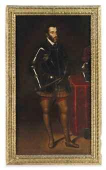 Portrait of Charles V, Holy Roman Emperor (1500-1558), full-length, in a breast-plate, a baton in his right hand by 
																	Juan Pantoja de la Cruz