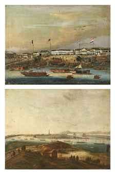 Canton, a view of the hongs after; and A view of Whampoa Anchorage by 
																	 Sunqua