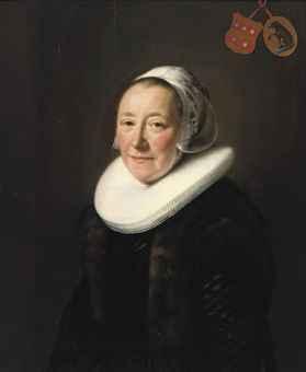 Portrait of an elegant lady, half-lenght, said to be Erminia van Beresteyn (1544-1625), in a black dress with fur jacket, a 'molensteen kraag' and white headdress by 
																	Abraham de Vries