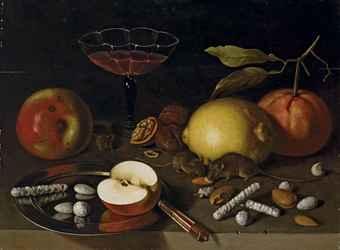 Citrons, pommes et souris grignotant des fruits secs sur une table by 
																	Lodewyk Susi