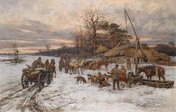 Village landscape in winter by 
																	Tadeusz Rybkowski