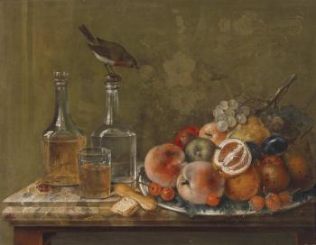 Still life with fruit and glass decanters by 
																	Johann Matthias Wurzer