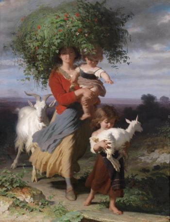 Mother returning home with children by 
																	Alfred van Muyden