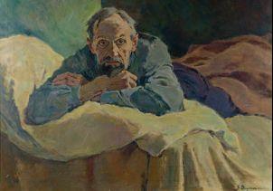 Auf dem Bett liegender Mann, das Kinn auf die Hand gestützt by 
																	Gustav Jagerspacher