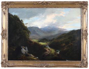 Blick in ein Bergtal, mit Schäfern auf einem Weg entlang eines Bachlaufes by 
																	Victor Wilfred Pargon