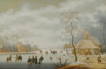 A Winter Landscape With Figures Skating On a Frozen River Beside a Village by 
																	Anthonie Verstralen