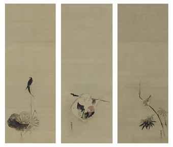 Swallow and Lotus, Hotei, Sparrow and Bamboo by 
																	Kano Tanyu