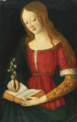 A Young Lady Writing In a Hymnal by 
																	Giacomo Pacchiarotti
