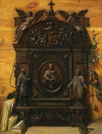 A Trompe L'oeil Still Life Of a Portable Wooden Altar With a Rosary, a Hand Bell And Books Lying On The Ledge Beside by 
																	Prospero Mallerini