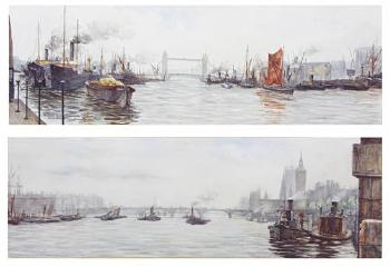 Tower Bridge from Cherry Garden Pier. Houses of Parliament, London, from Charing Cross Pier by 
																	Winefred and Agnes Cadwallader and Guest