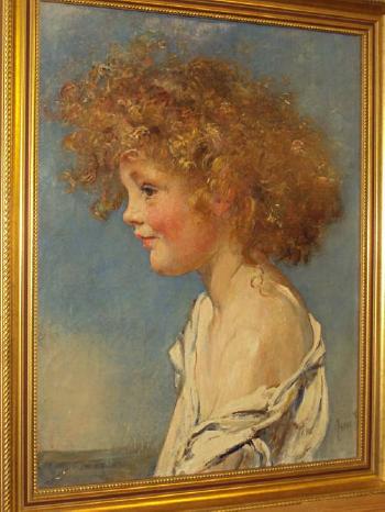 Portrait of a young girl with curly hair, bust length by 
																	Annie Swynnerton