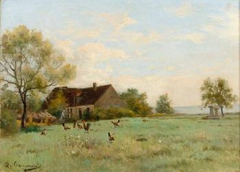 A rural scene with a farmhouse and roosters in a yard by 
																	Alfred Garcement