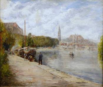 A French river scene with figures on the quay in the foreground by 
																	 Gabriel