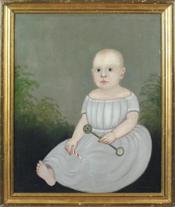 Portrait of a baby holding a rattle and peppermint stick by 
																	 Prior Hamblen School