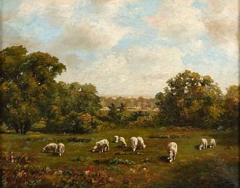 Sheep grazing in wooded landscape by 
																	Howard Hulsman