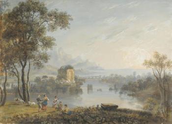 Figures Dancing And Playing Musical Instruments In a Claudian Landscape by 
																	Adam Callander
