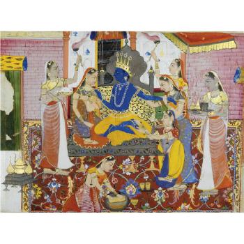 Bhairava Raga: Lord Krishna Enthroned And Adored by 
																	 Rajasthan School