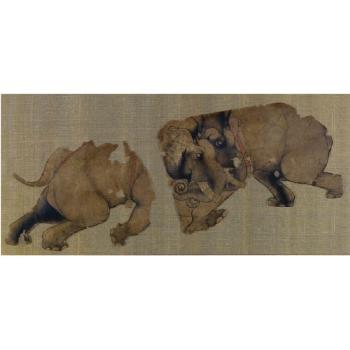 A Fragmentary Painting Of An Elephant Combat by 
																	 Rajasthan School