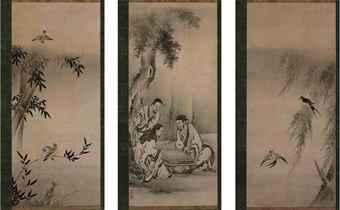 Wang Zhi and Lan Ke playing a board game; swallows and willow; sparrows and bamboo by 
																	Kano Sanraku
