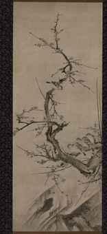 Sparrows on plum branch by 
																	Kano Sanraku