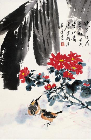 Two birds under the chrysanthemum by 
																	 Qiu Shoucheng