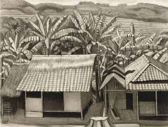 Kampong houses along the Sawah by 
																	Mies Callenfeld-Carsten