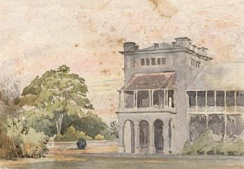 Government house at sunset in Trinidad. Road to Newcastle Hill Station, Jamaica by 
																	Lionel Grimston Fawkes
