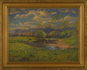 Landscape with stream and mountains in the distance by 
																	Karl Ouren