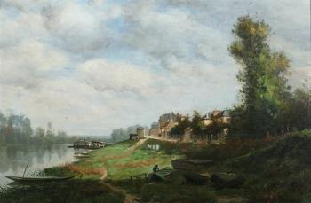 Boathouses along river by 
																			Louis Lucien d'Eaubonne
