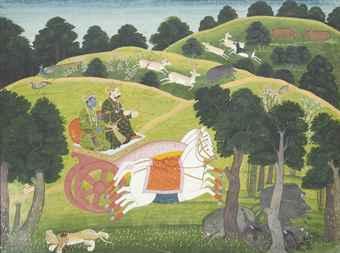 An Illustration From The Baghavad Gita: Krishna And Arjuna Hunting by 
																	 Guler School