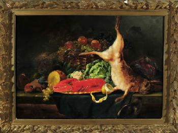 Stilleben mit Hase, Hummer, Früchten und Kohlköpfen by 
																	Eduard Huber-Audorf